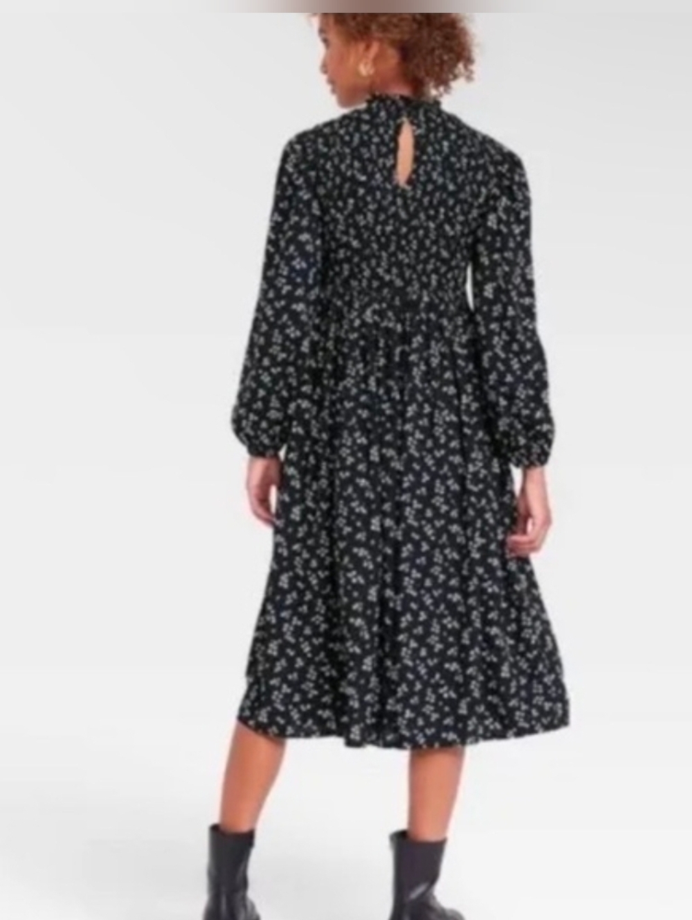 A New Day Black White Floral Smocked Balloon Midi Dress Sz XS